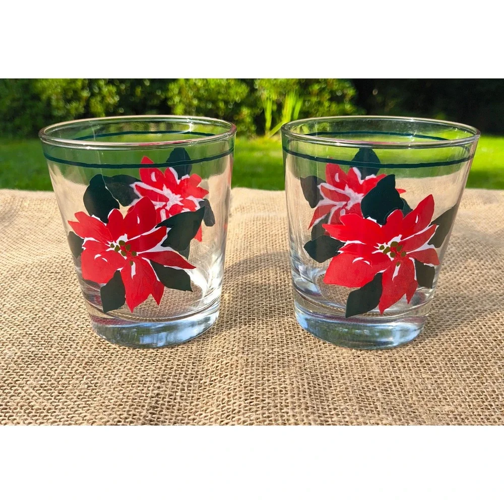 Vintage Anchor Hocking Christmas Poinsettia Rocks Glasses Set 2 Holiday Lowball